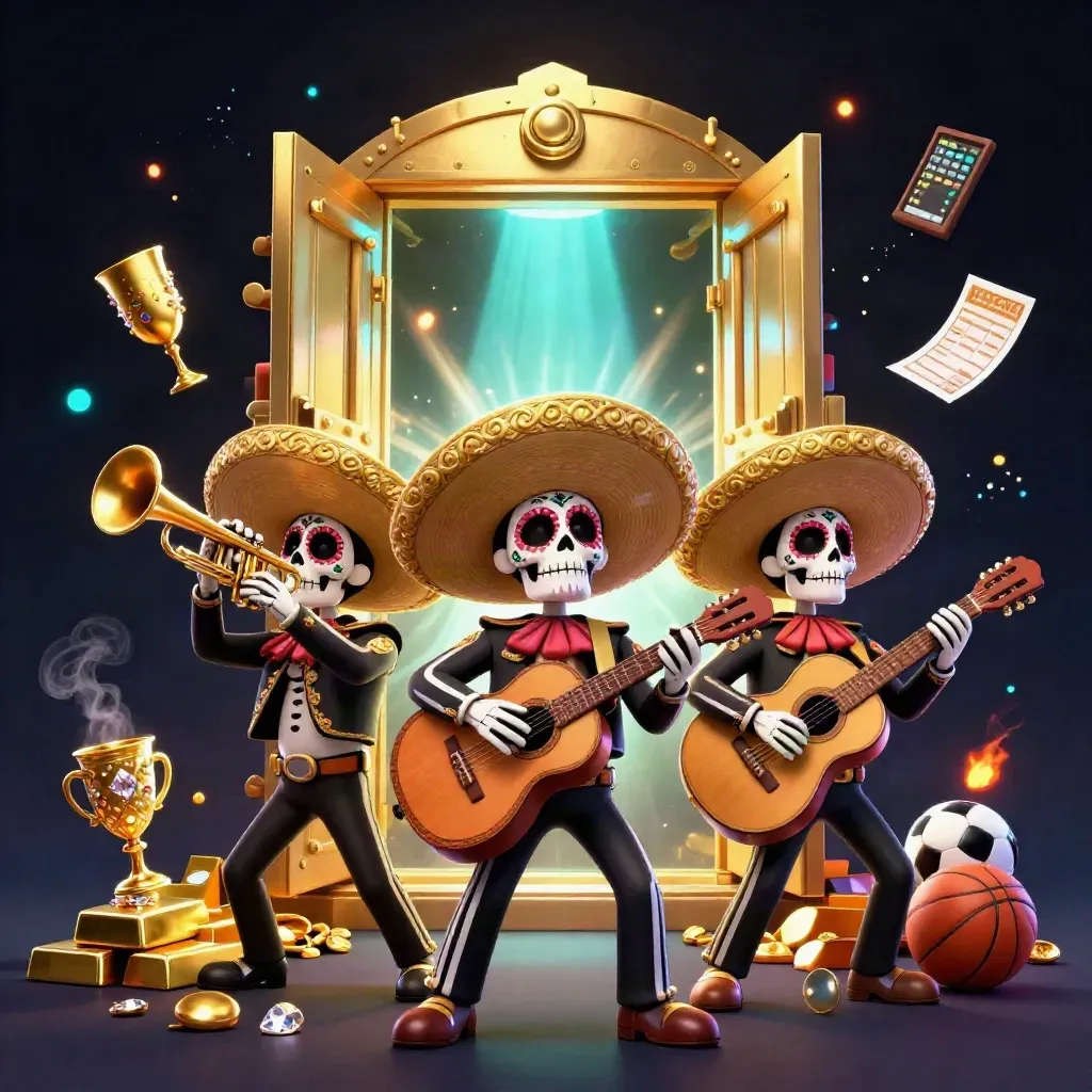 Skeleton mariachi trio bursts from a gold vault amid treasure, embers, and dark blue casino glow.
