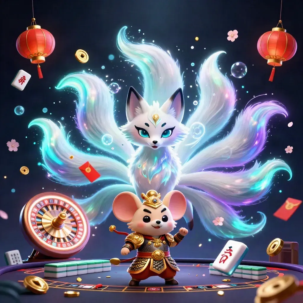 Neon fox spirit and golden mouse amid lanterns, jade coins, and casino lights.