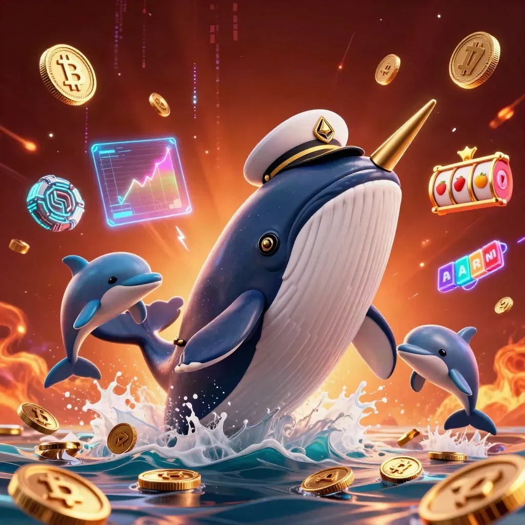 Whale captain, narwhal and dolphins amid coins, crypto glows and ember storm.