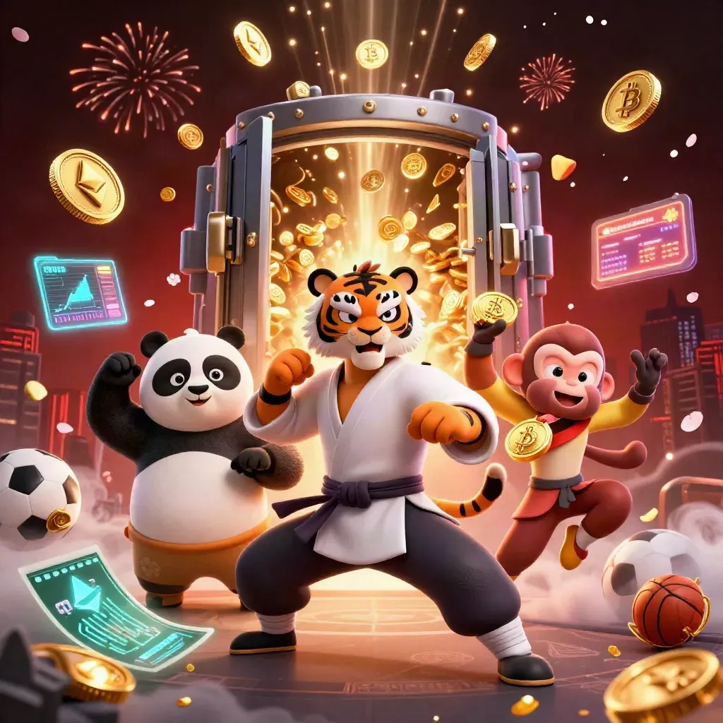 Tiger, panda, and monkey celebrate amid coins, crypto, fireworks, and sports betting icons.