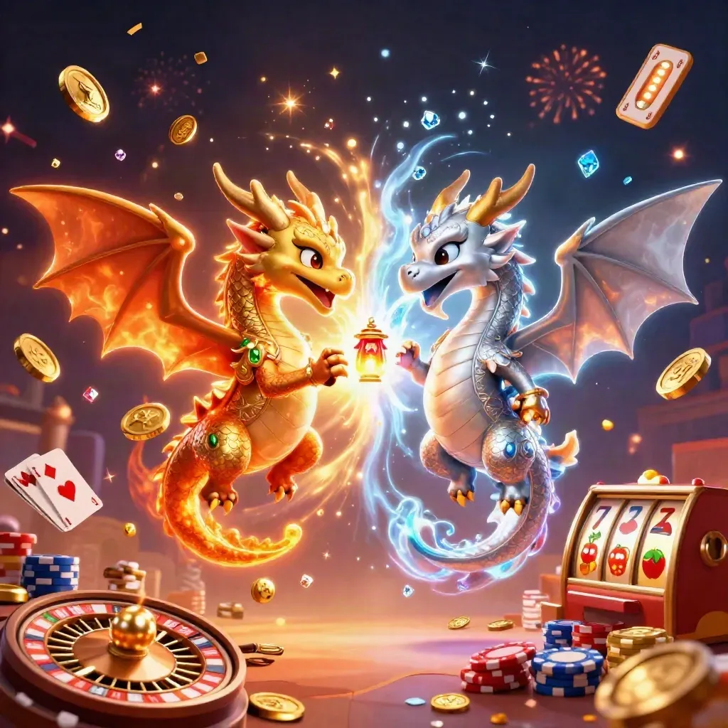 Two intertwined dragons with coin, gem and card bursts in royal gold and ember glow.