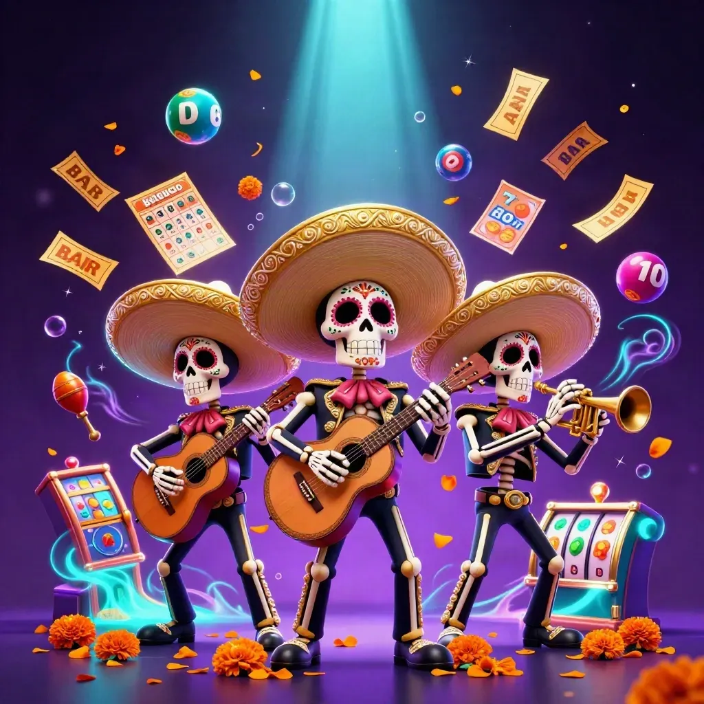 Three skeleton mariachi performers amid casino reels, lottery balls, prize wheel and glowing petals.