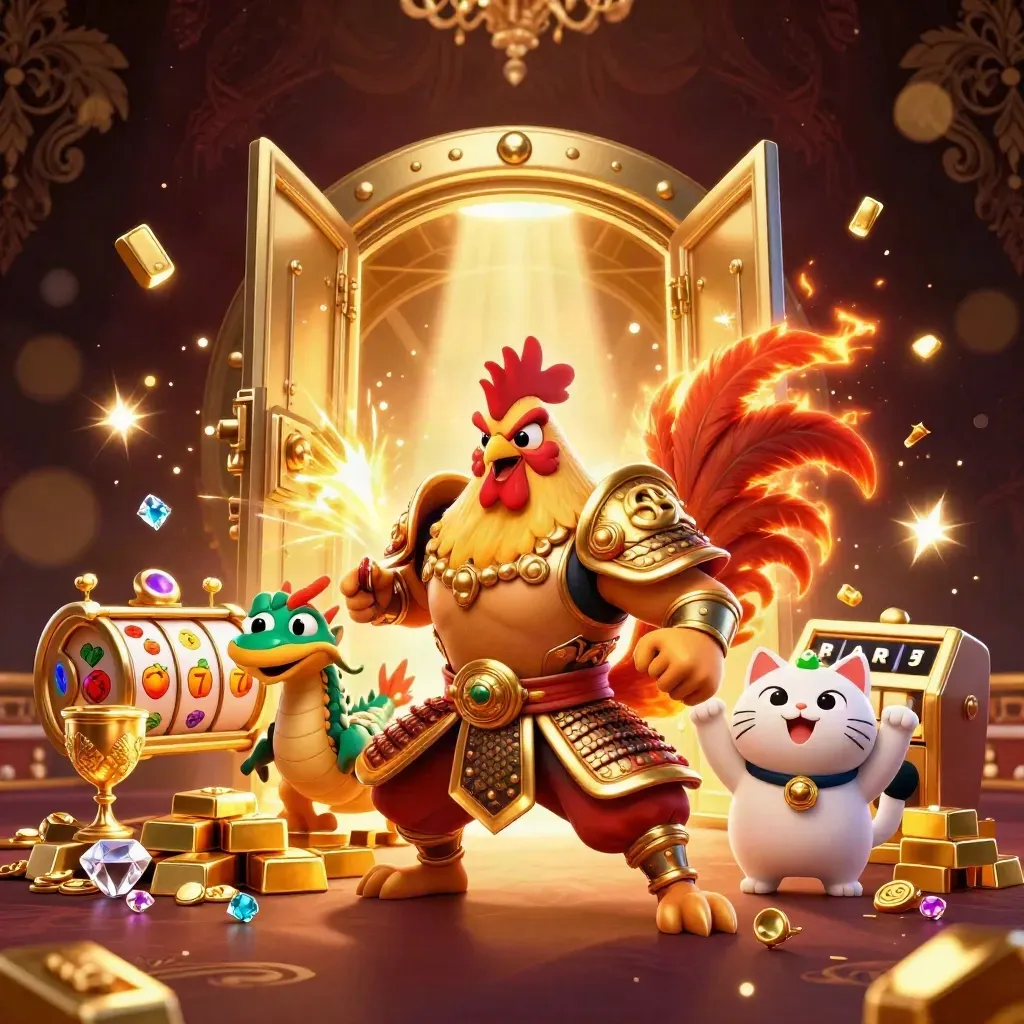 Rooster samurai, dragon hatchling, and fortune-cat burst from treasure vault amid gold and reels.