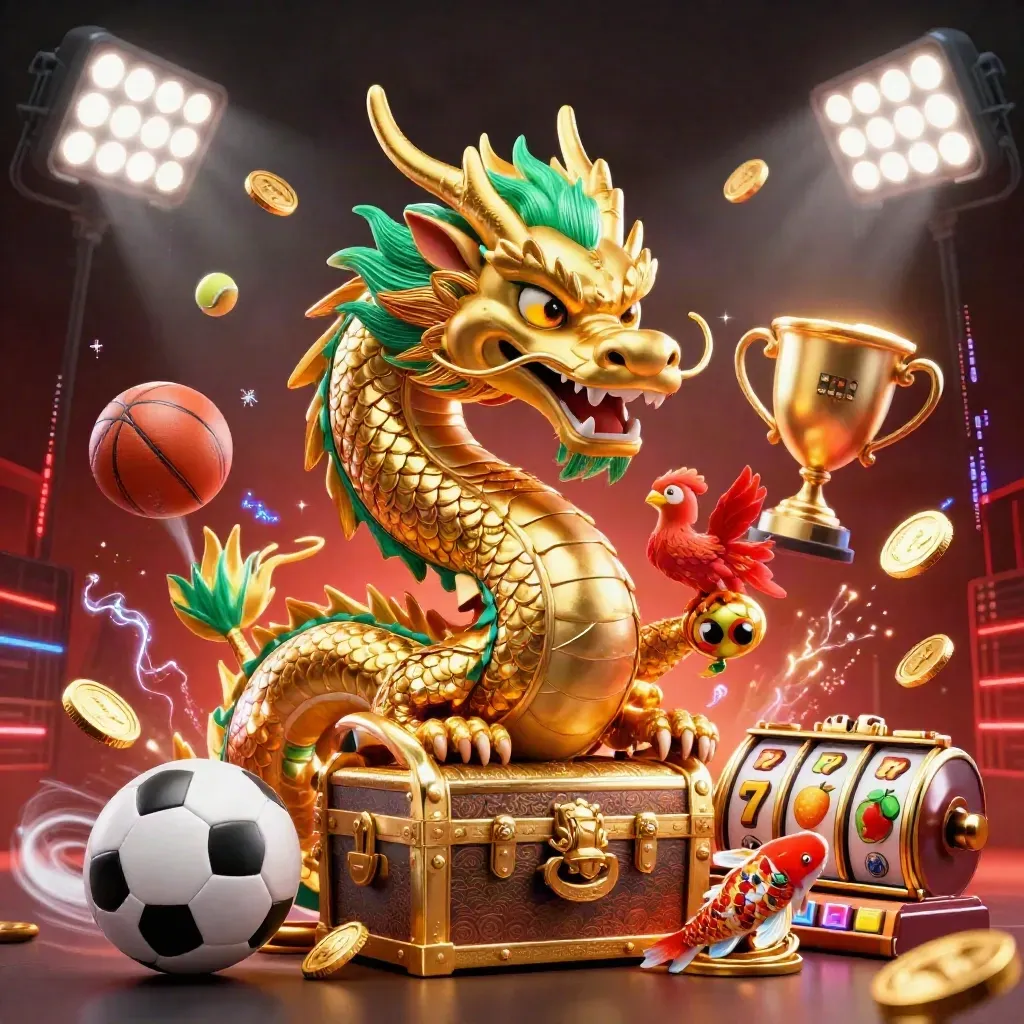 Golden dragon, phoenix, koi, and casino symbols explode against a dark red skyline glow.
